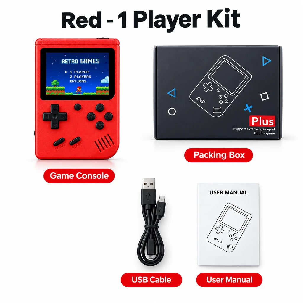 Consola retro portátil roja con 400 juegos, cable USB y manual